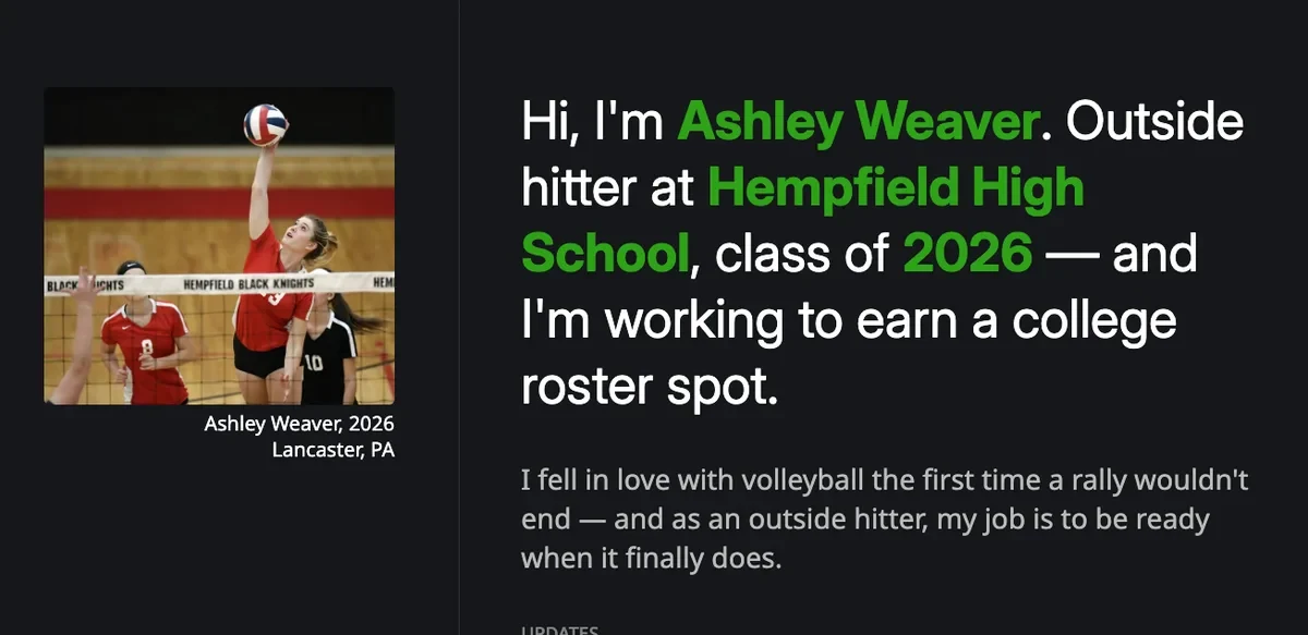 A VarsityBio athlete profile with the bio leading the page.